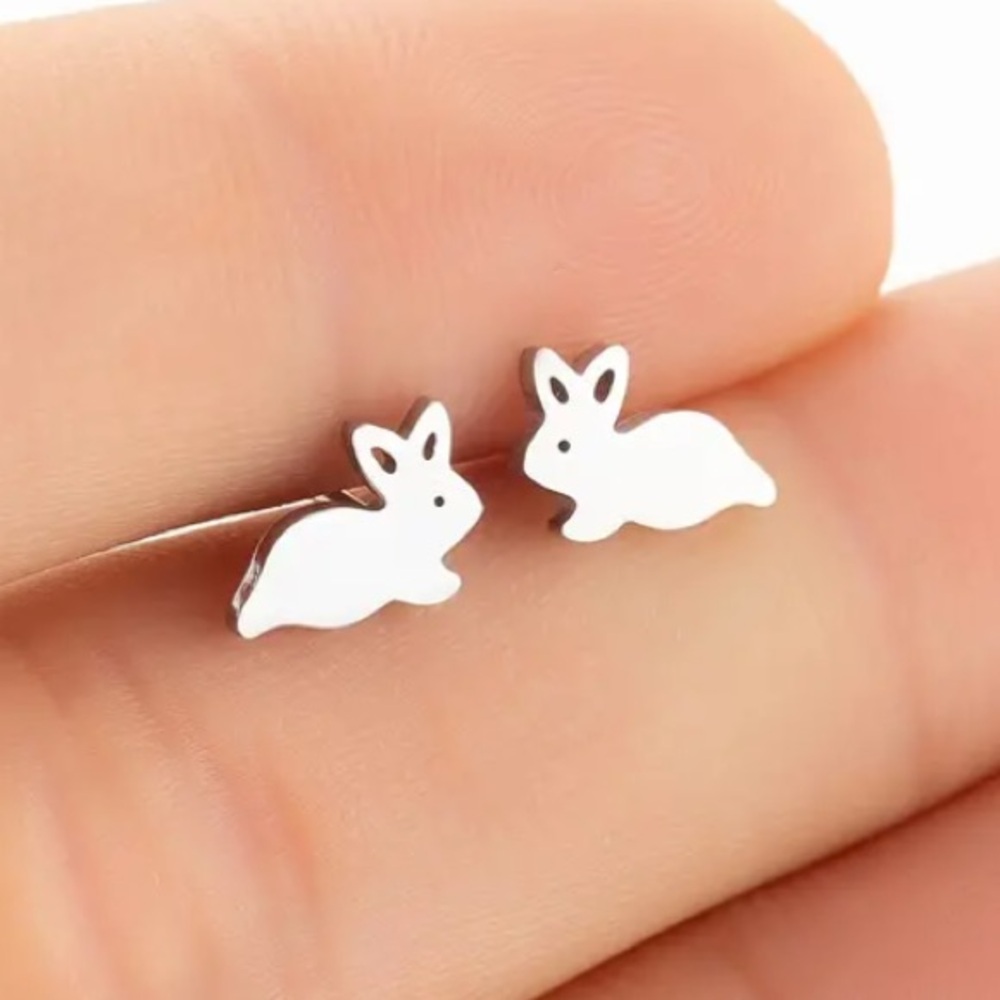 Hopping Bunny Rabbit Silver Toned Stud Earrings